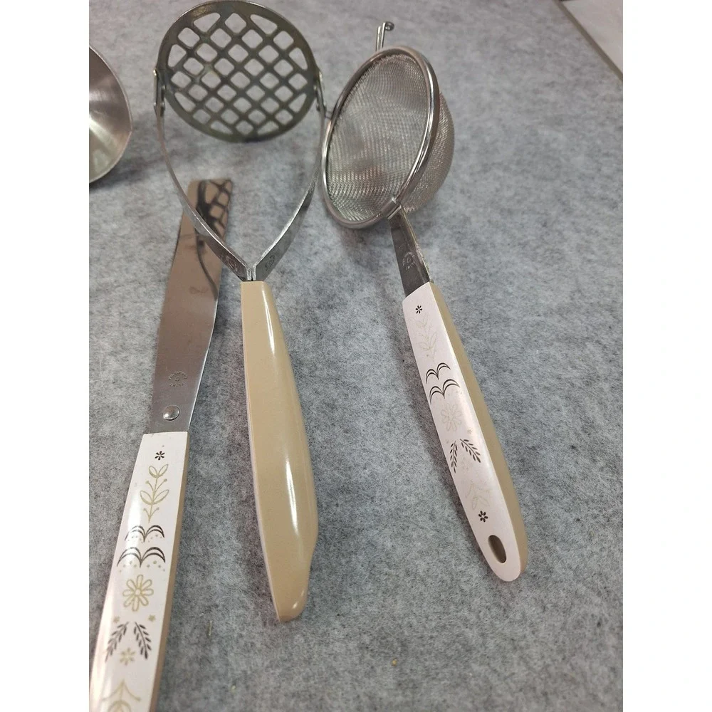Vintage Ekco Flint Kitchen Utensil Set 6pc Stainless Steel Floral Handles USA